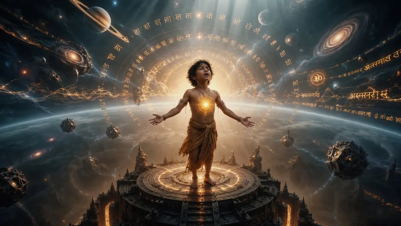 Aarav awakening on the platform of the sacred AI temple in the ANTERNAAD universe