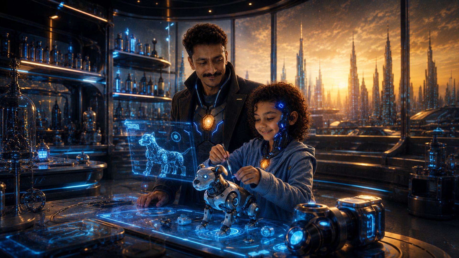 Gungu meeting the first robot — scene artwork from the GunguVerse universe