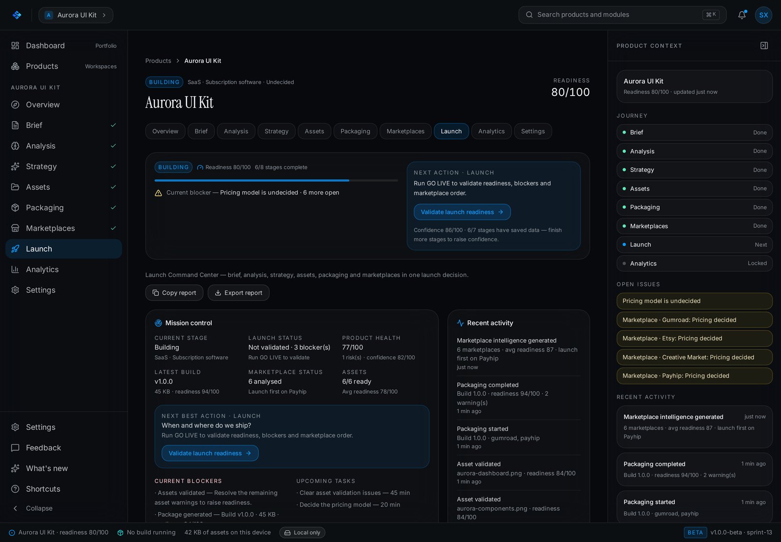 SellXon Launch Command Center showing readiness pillars and blocking issues