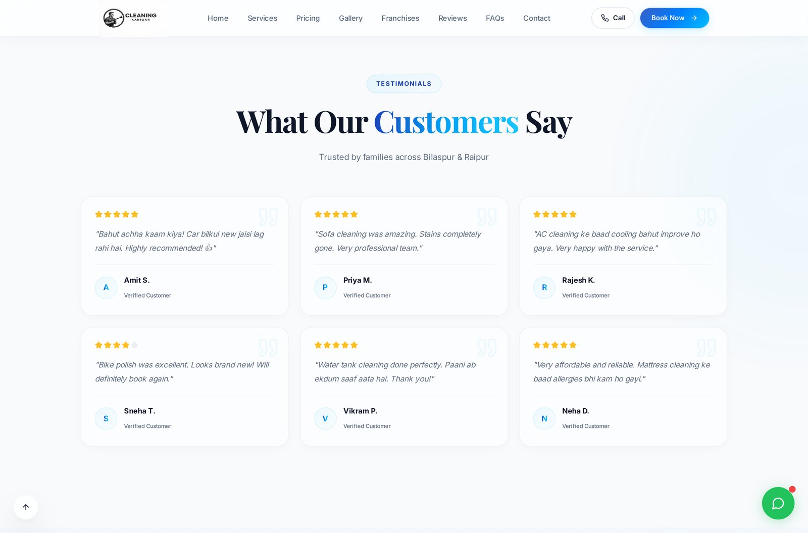 Customer reviews section with local names and service-specific comments