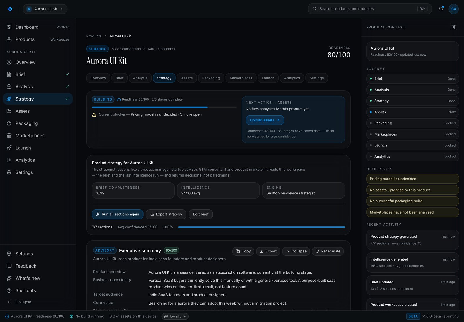 SellXon strategy module with executive summary and positioning decisions