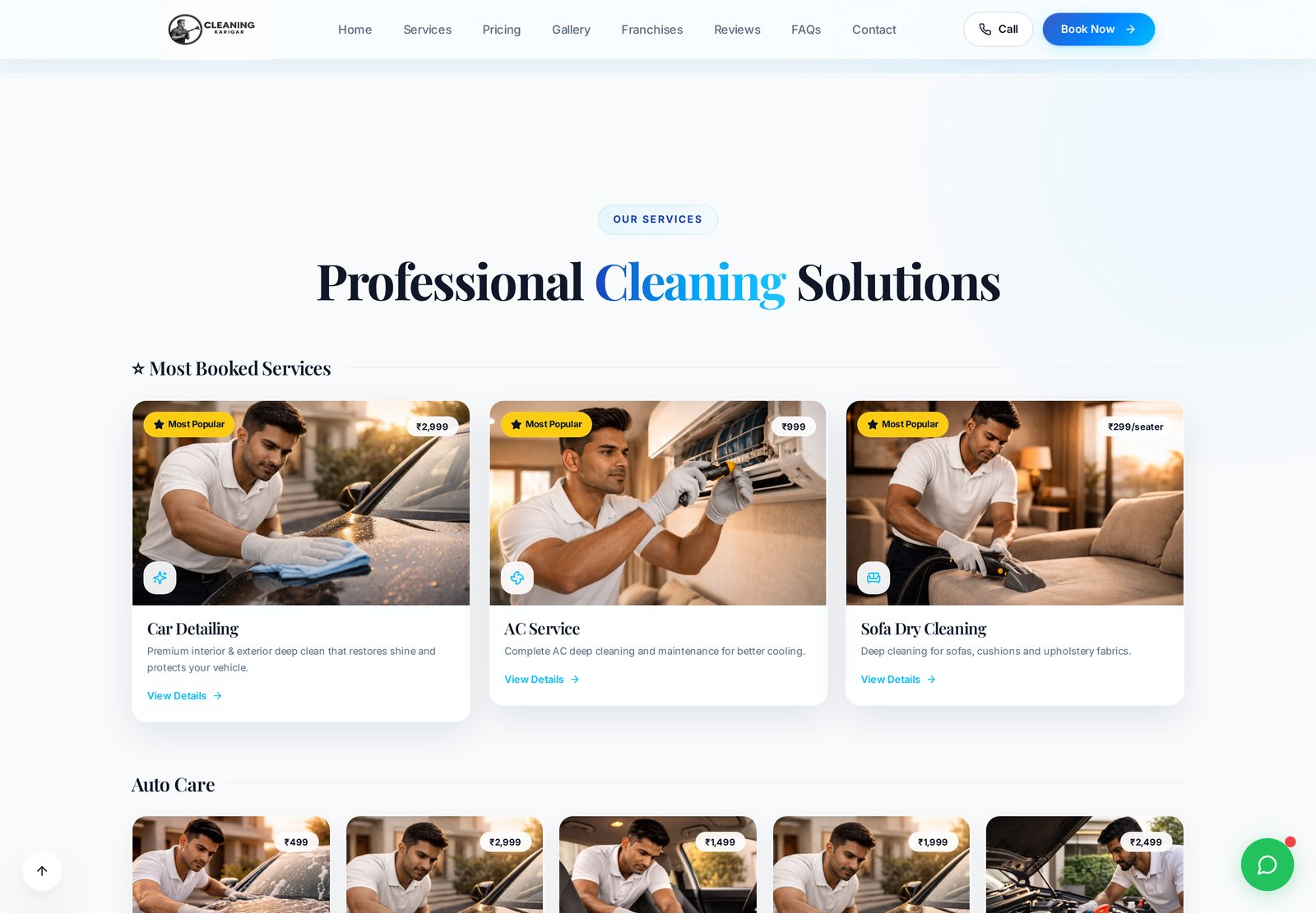 Services section showing most-booked services with prices