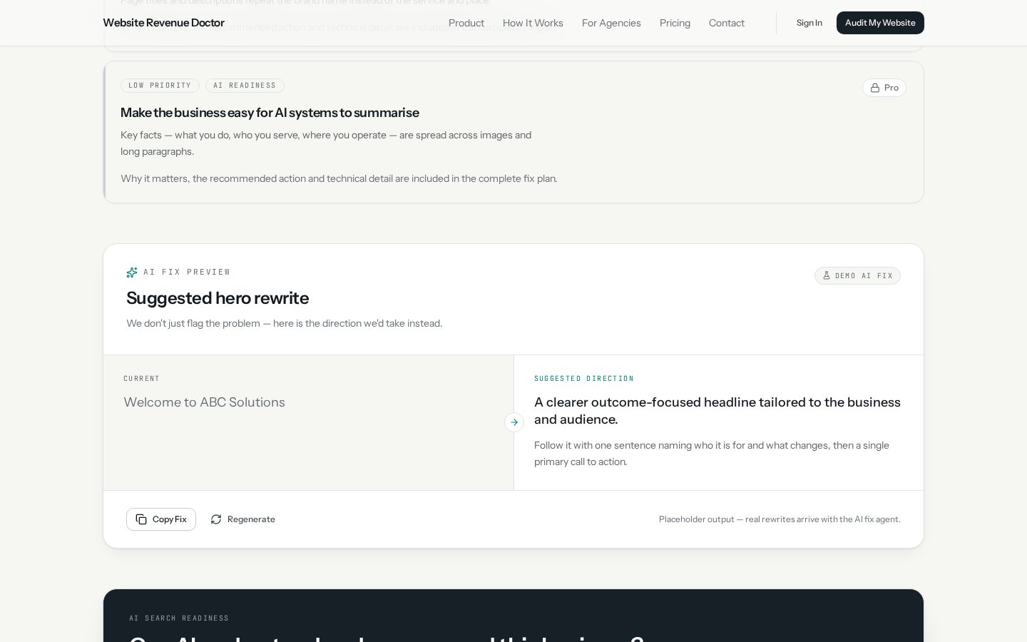 Revenue Doctor AI fix preview comparing current headline with a suggested direction
