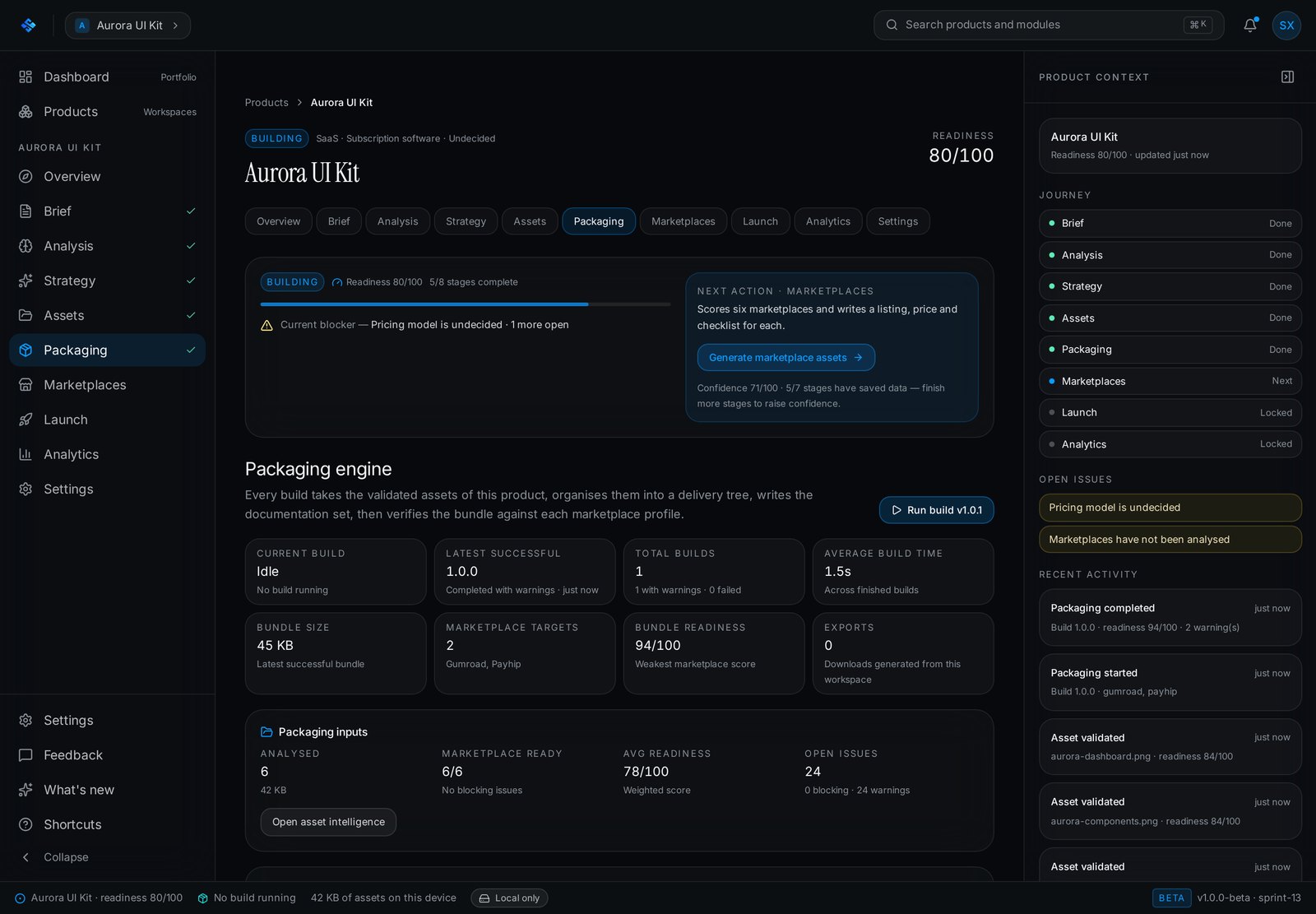 SellXon packaging engine showing build metrics and marketplace target profiles