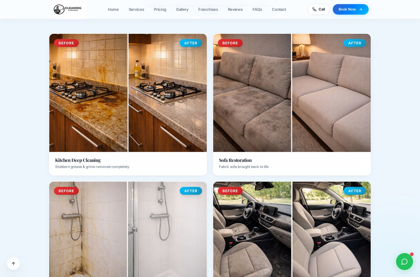 Before and after gallery for kitchen, sofa, bathroom and car interior cleaning