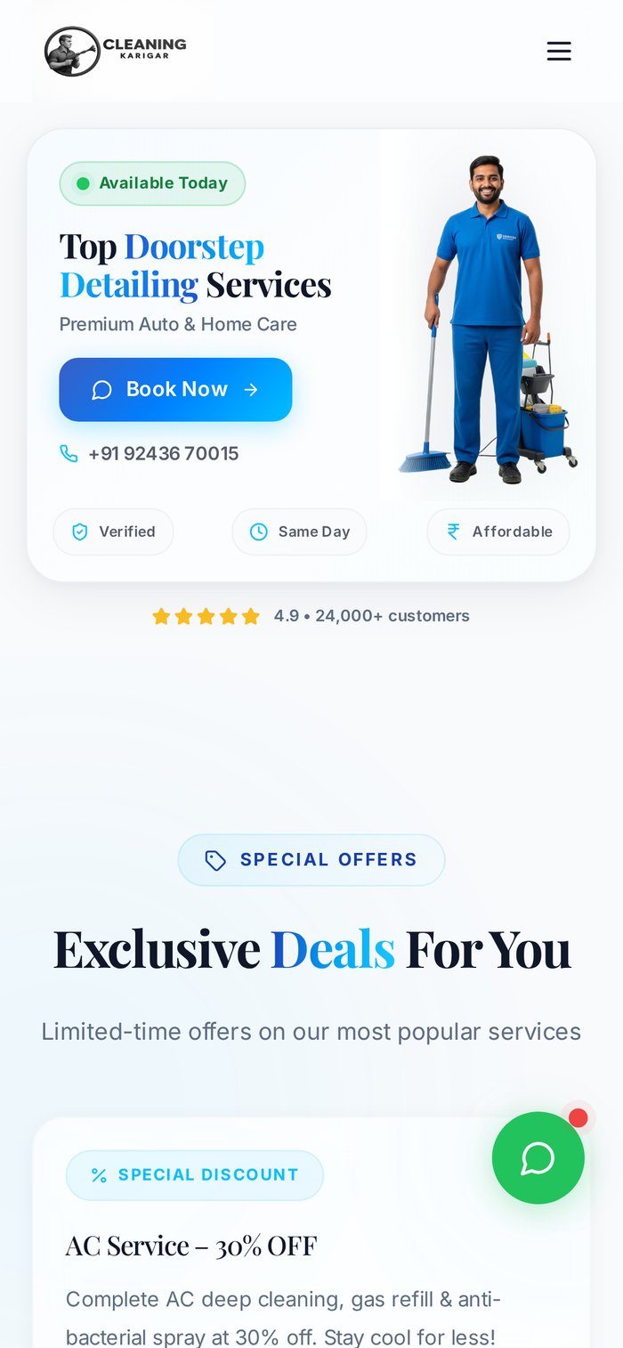 Mobile view of the Cleaning Karigar homepage