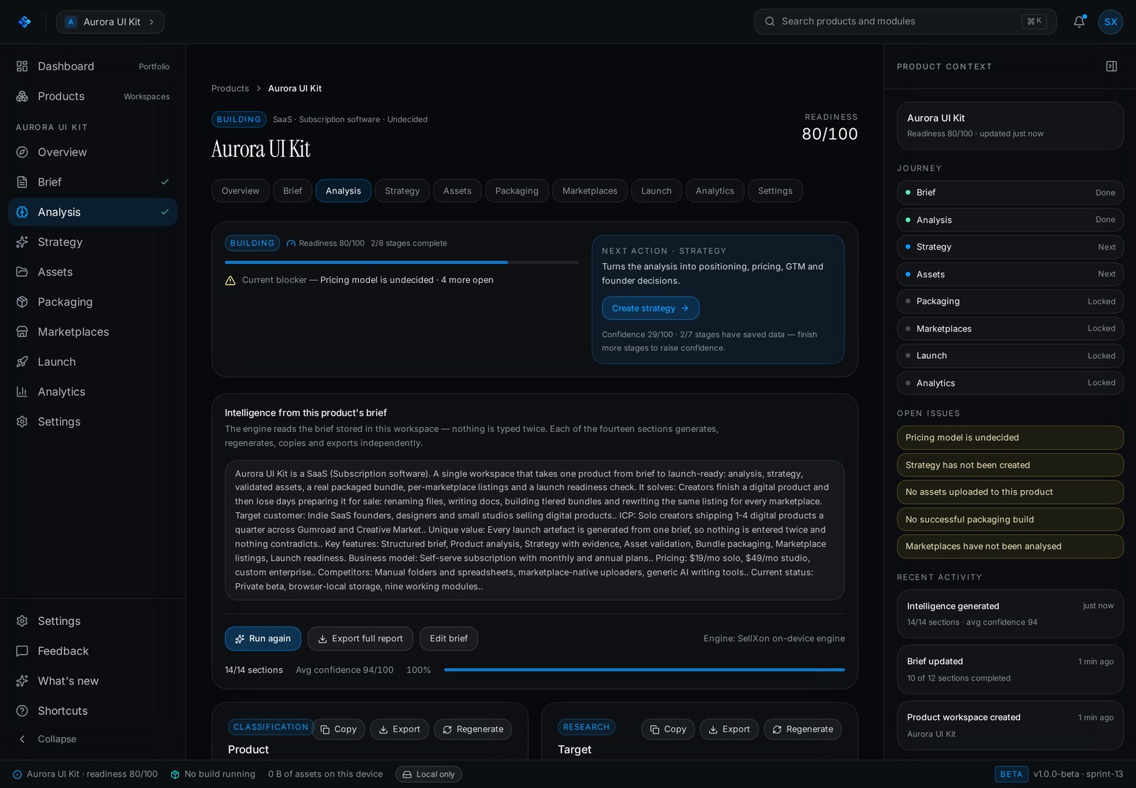 SellXon analysis module showing classification and audience research sections